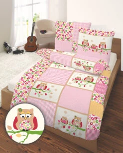 Kinderbettwäsche Eulen, Biber, Rosa, 135 X 200 Cm + 80 X 80 Cm