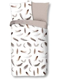Flanell-Bettwäsche-Set "Feathers" In Hellbraun/ Weiß