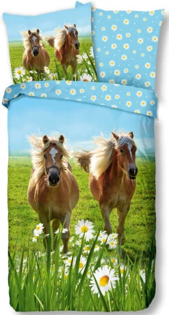 Kinder-Wendebettwäsche Horses, Baumwolle, Blau/grün, 135 X 200 + 80 X 80 Cm