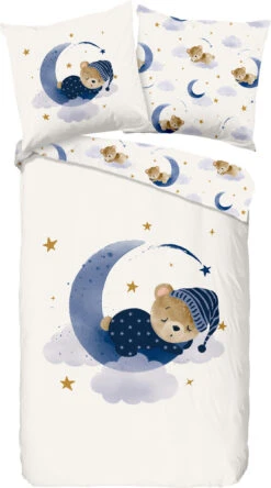 Kinder-Wendebettwäsche "Sleeping" In Wollweiß-blau