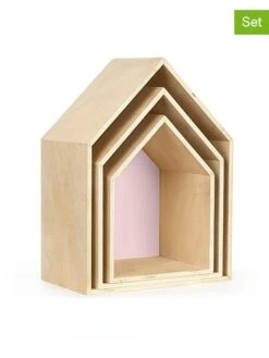 3er-Set: Wandregale "Houses" In Rosa/ Natur