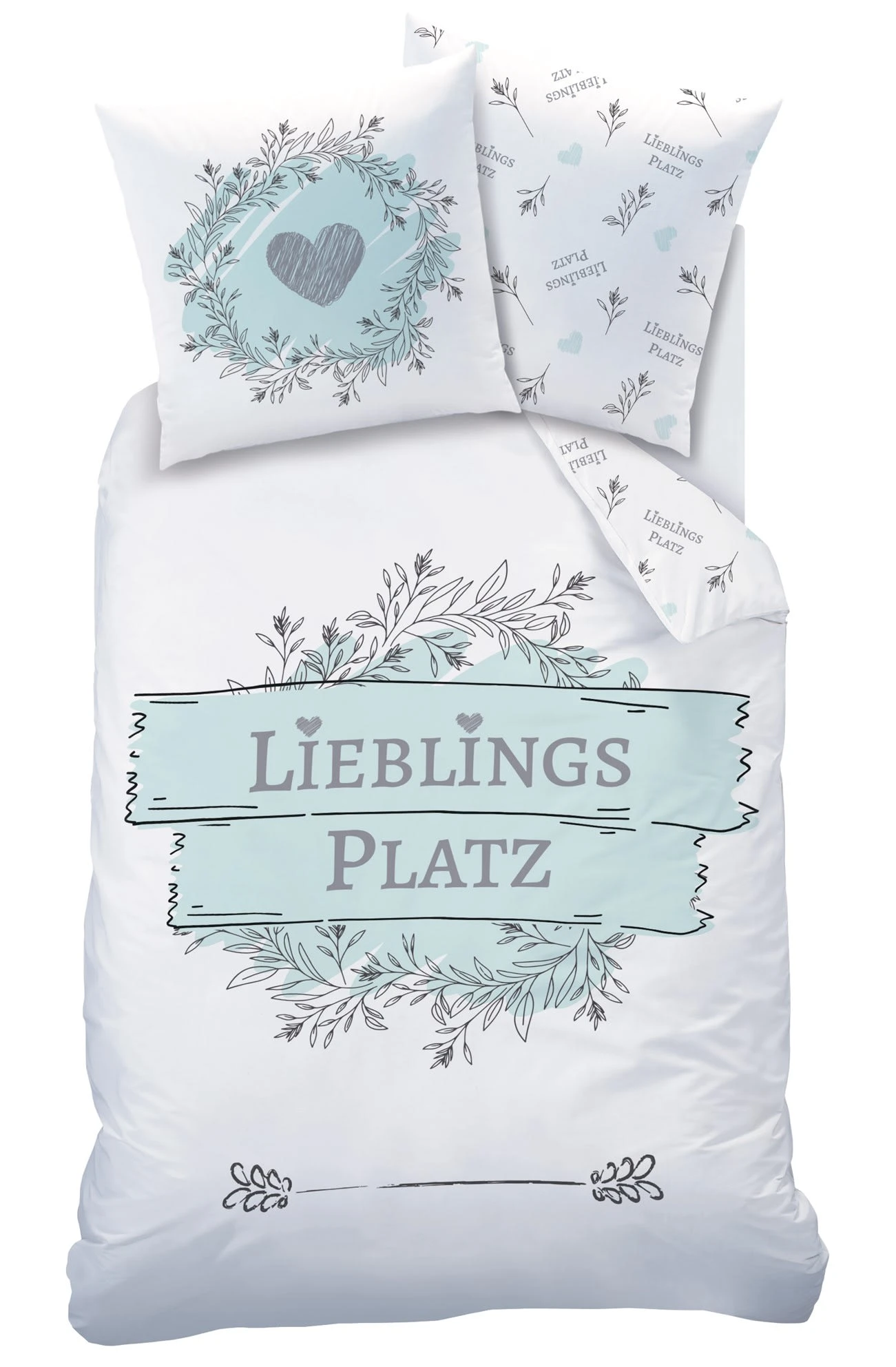 Bettwäsche-Set Biber "LIEBLINGSPLATZ" In Weiß / Mint 1 Bettwäsche-Set Biber "LIEBLINGSPLATZ" In Weiß / Mint