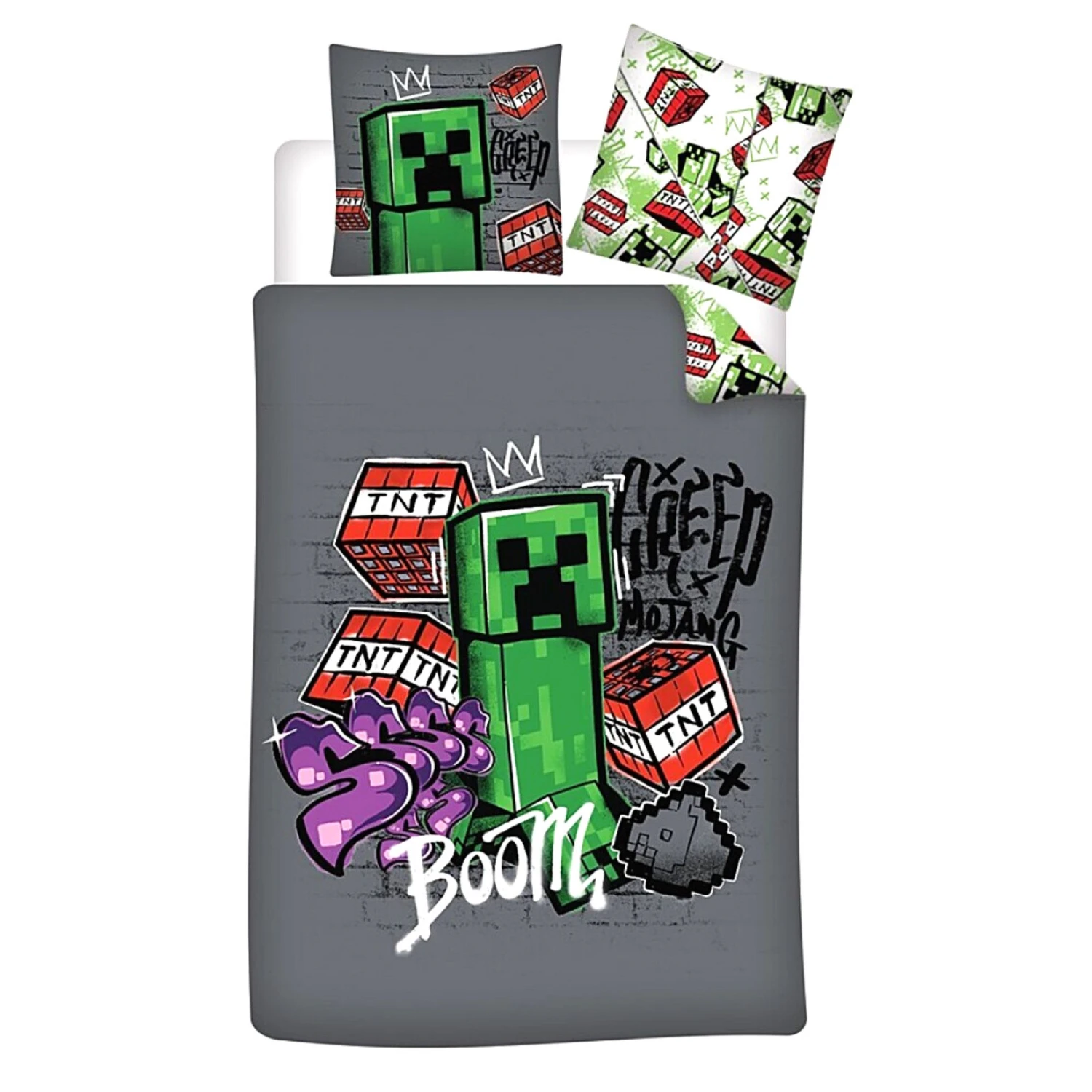 2-tlg.Set: Kinderbettwäsche Minecraft Creeper & TNT In Grau 1 2-tlg.Set: Kinderbettwäsche Minecraft Creeper & TNT In Grau