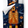 Satin-Bettwäsche-Set "Space Adventure" In Dunkelblau/ Orange