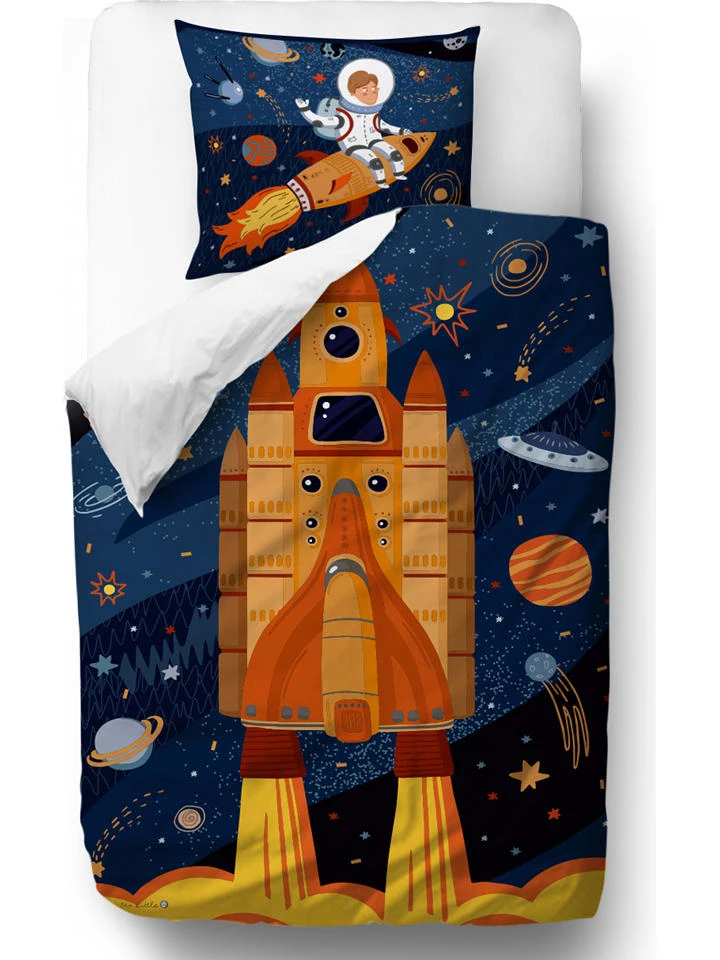 Satin-Bettwäsche-Set "Space Adventure" In Dunkelblau/ Orange 1 Satin-Bettwäsche-Set "Space Adventure" In Dunkelblau/ Orange