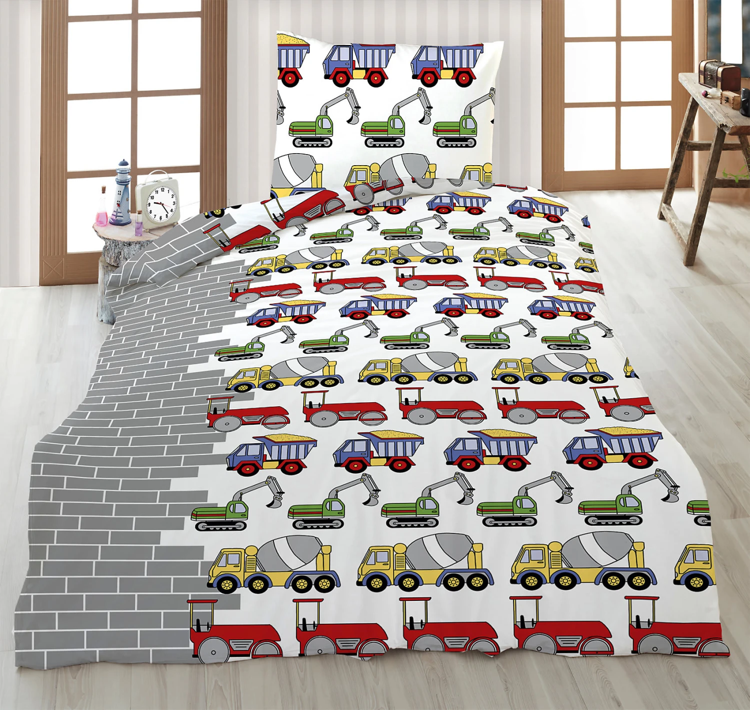 Kinderbettwäsche Baufahrzeug, Renforcé, Grau, 135x200 Cm + 80 X 80 Cm... 2 Kinderbettwäsche Baufahrzeug, Renforcé, Grau, 135x200 Cm + 80 X 80 Cm... – Bild 2