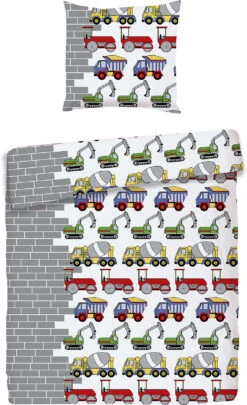 Kinderbettwäsche Baufahrzeug, Renforcé, Grau, 135x200 Cm + 80 X 80 Cm...