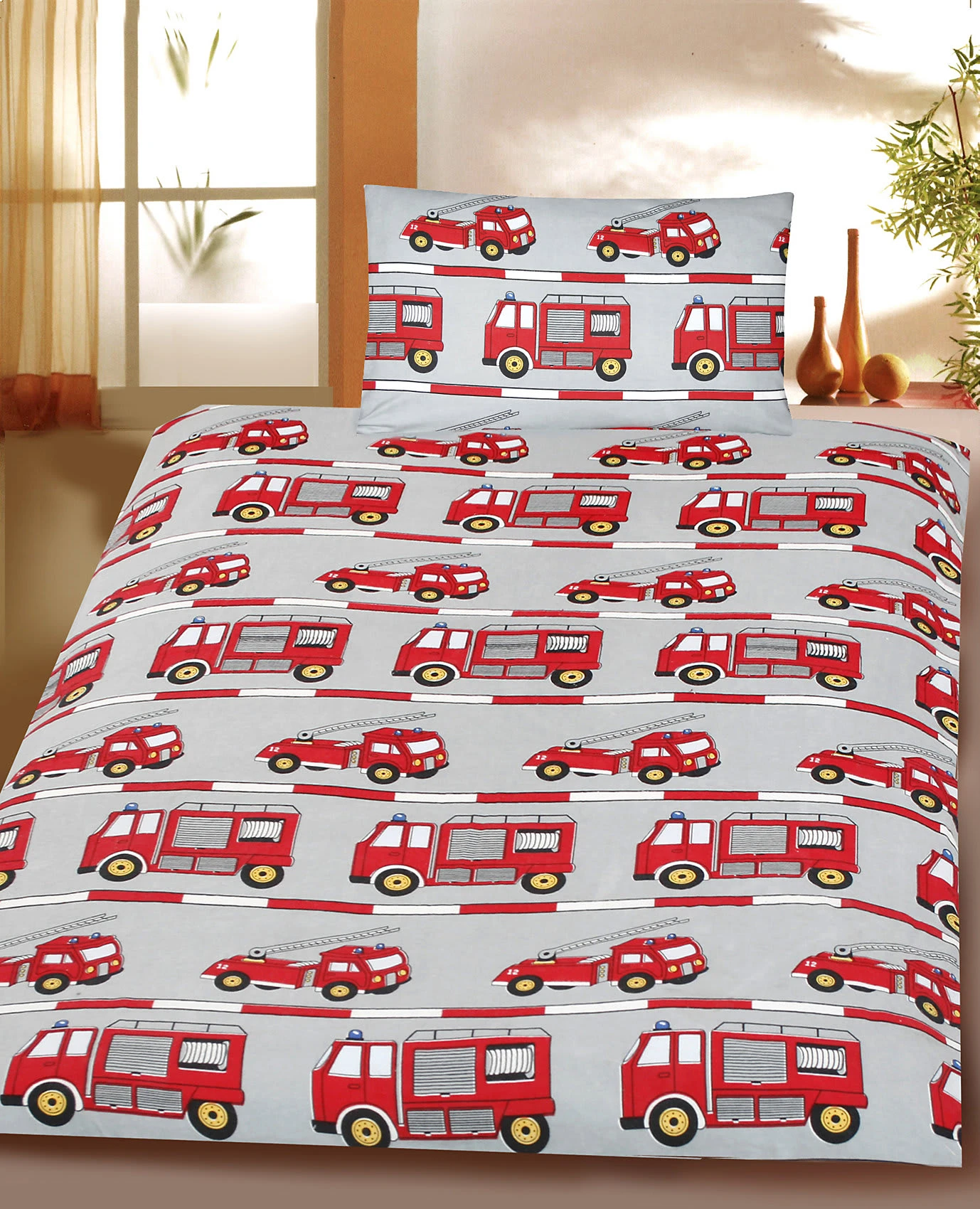 Kinderbettwäsche Feuerwehr, Cretonne, 135 X 200 Cm + 80 X 80 Cm Von Pötter 1 Kinderbettwäsche Feuerwehr, Cretonne, 135 X 200 Cm + 80 X 80 Cm Von Pötter