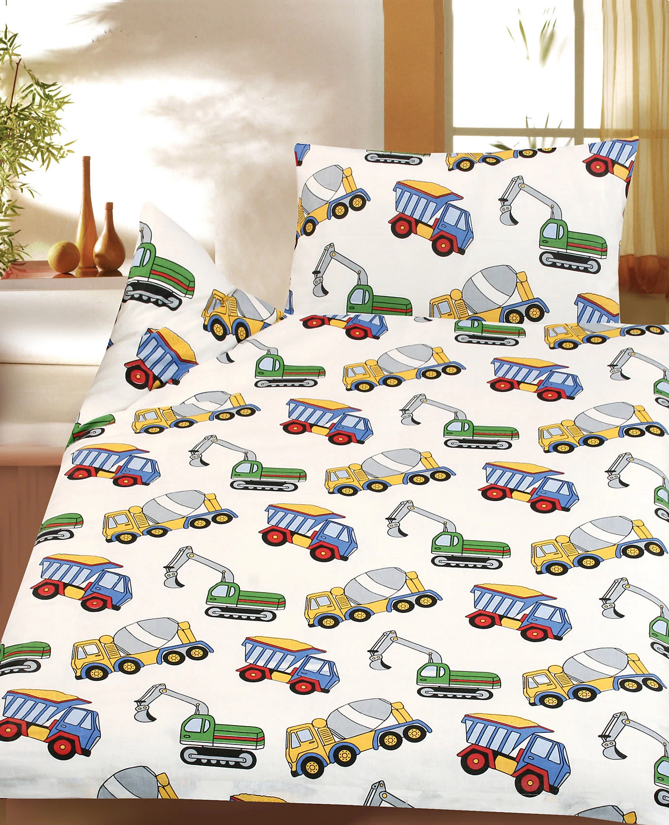 Kinderbettwäsche Laster, Cretonne, 135 X 200 Cm + 80 X 80 Cm Von Pötter 1 Kinderbettwäsche Laster, Cretonne, 135 X 200 Cm + 80 X 80 Cm Von Pötter