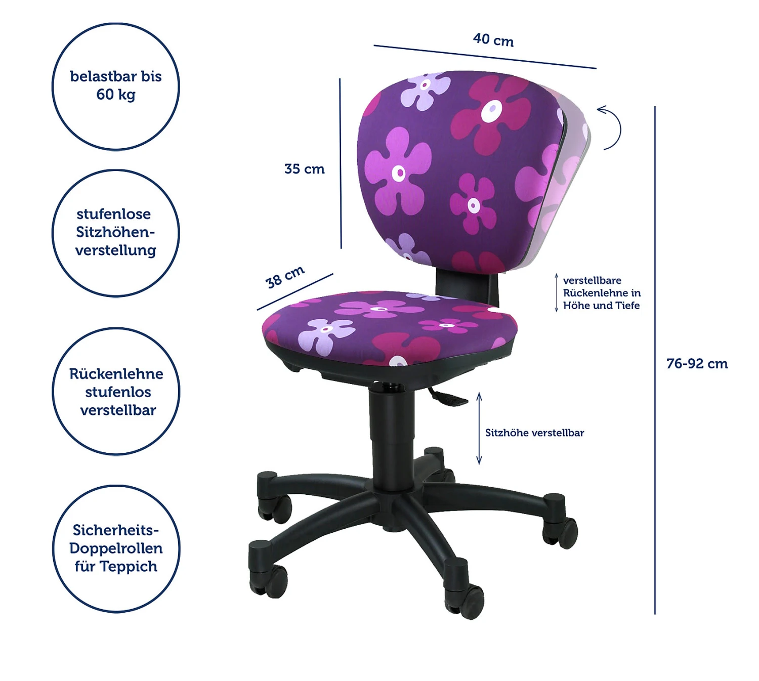 TOPSTAR Drehstuhl Ergokid 15 Jet, Flower Lila 2 TOPSTAR Drehstuhl Ergokid 15 Jet, Flower Lila – Bild 2