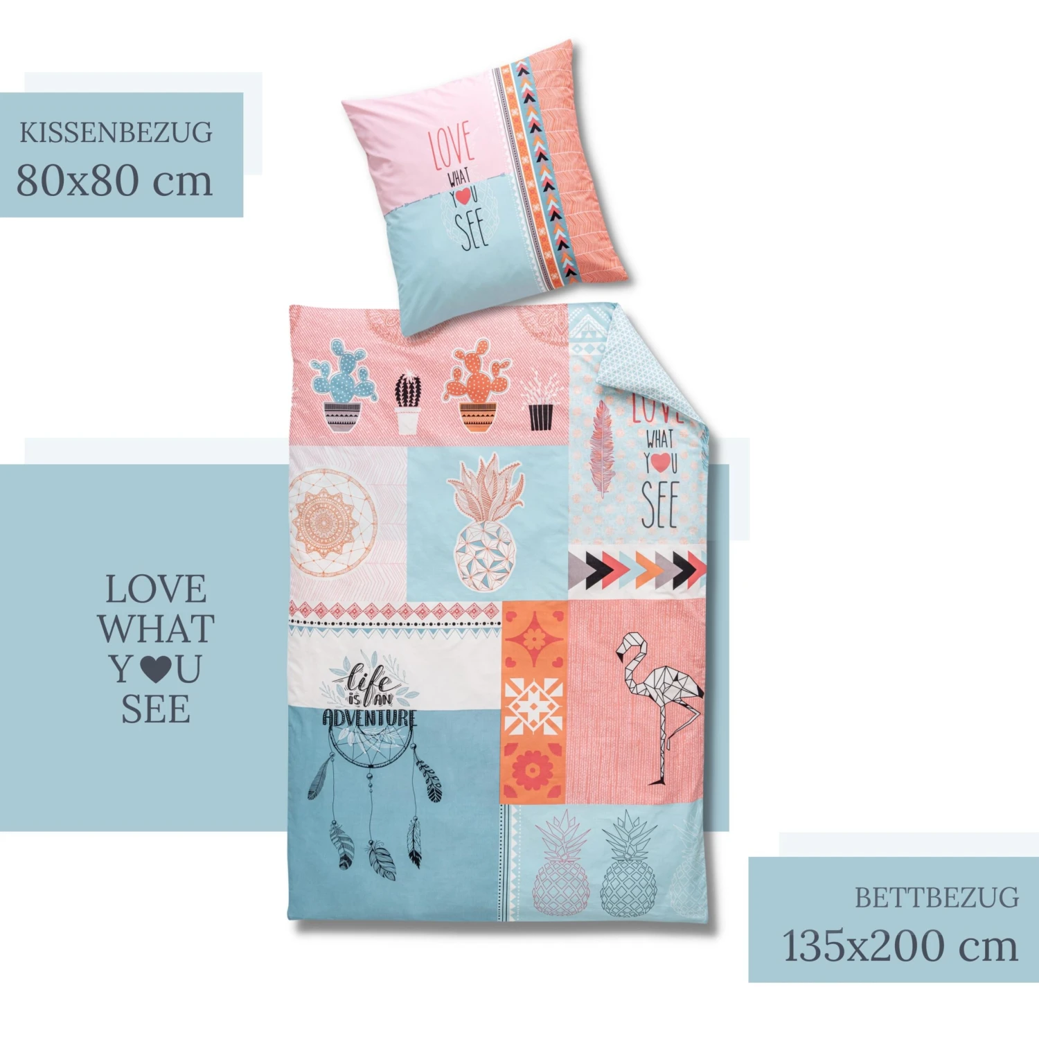 Bettwäsche-Set "Traumfänger, Flamingo, Kaktus & Ananas" In Bunt 2 Bettwäsche-Set "Traumfänger, Flamingo, Kaktus & Ananas" In Bunt – Bild 2