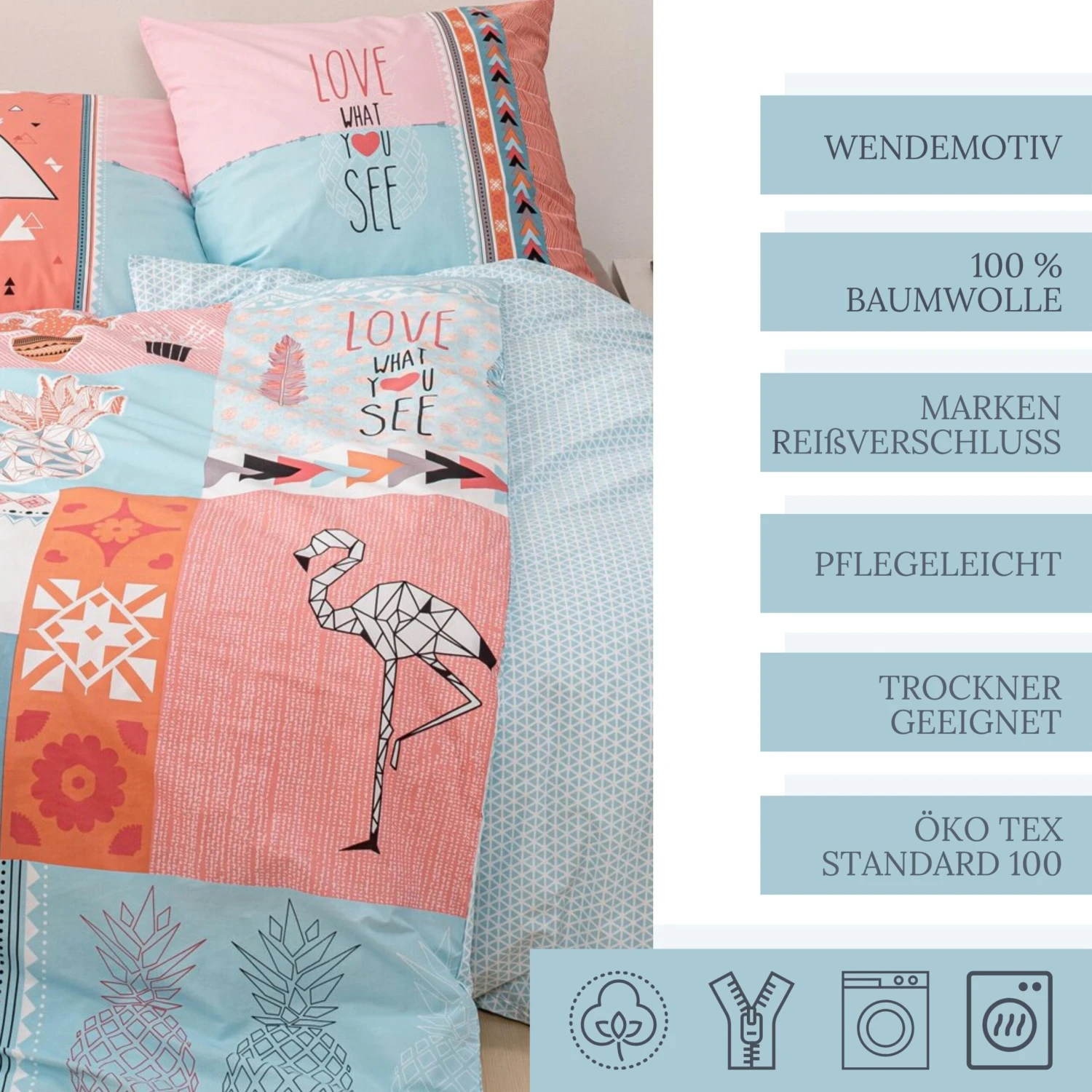 Bettwäsche-Set "Traumfänger, Flamingo, Kaktus & Ananas" In Bunt 3 Bettwäsche-Set "Traumfänger, Flamingo, Kaktus & Ananas" In Bunt – Bild 3